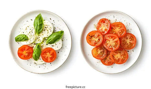 Fresh Sliced Tomatoes and Mozzarella Cheese Salad on White Plate