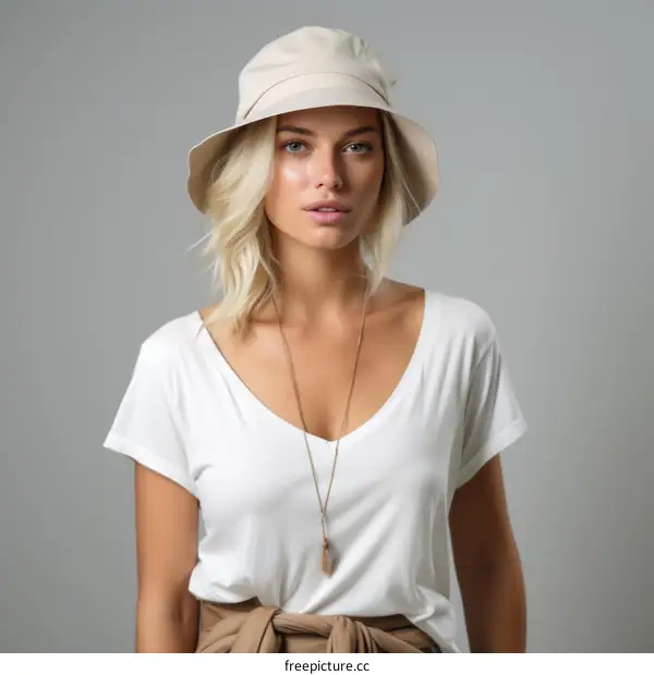Portrait of a young blonde woman wearing a beige bucket hat and a white v-neck t-shirt