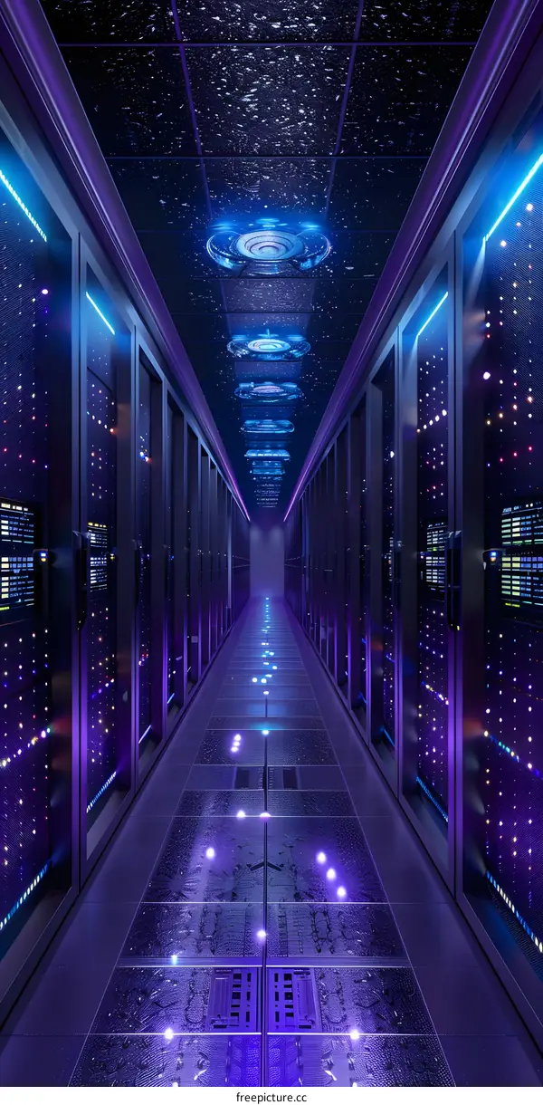 Server room in data center with supercomputers and bright lights
