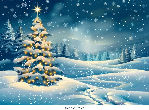 Sparkling Christmas Tree in a Snowy Landscape