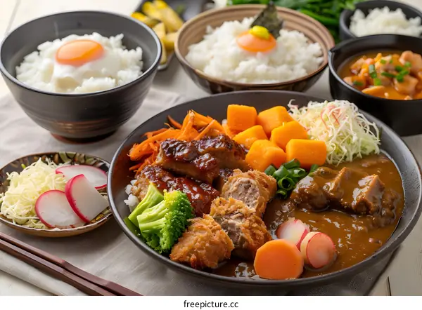 Japanese food bento with curry and side dishes