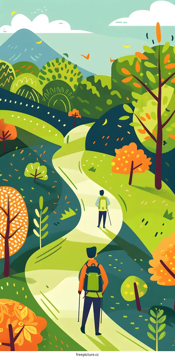 Hiking Illustration With Two People On A Path Through The Forest