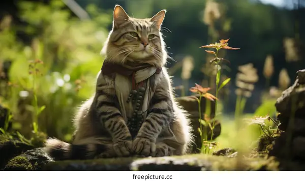A ginger cat wearing a scarf is sitting on a rock in the forest