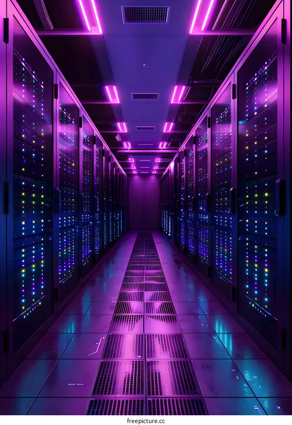 Server room with purple neon lights