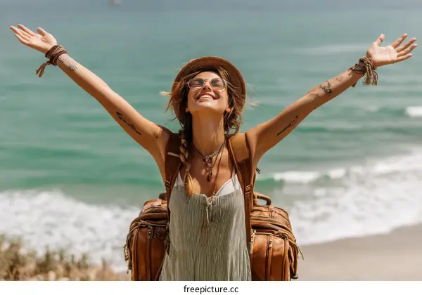 Happy Woman Traveler on the Beach