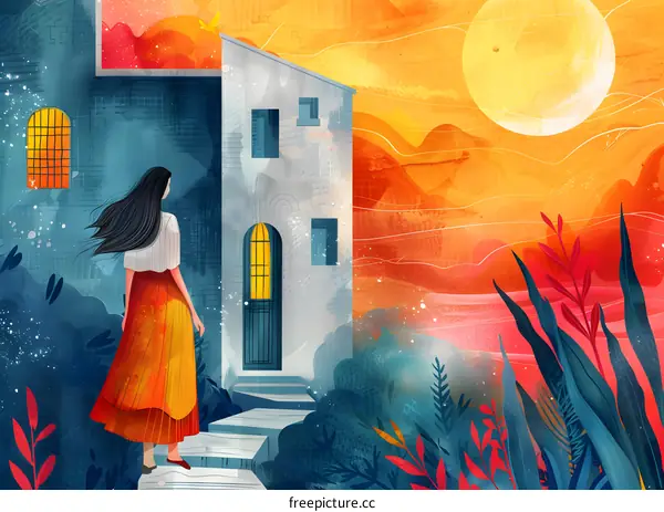 A person standing outside of a house with a moon behind it