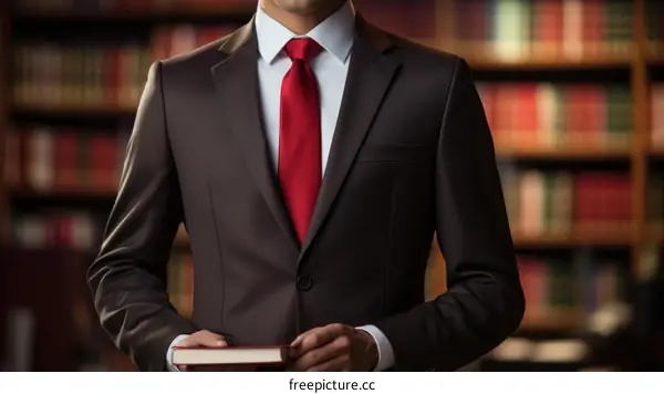 A man in a suit holding a book in a library