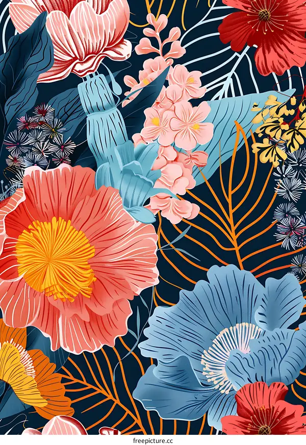 Colorful Floral Pattern with Blue Leaves on Dark Background