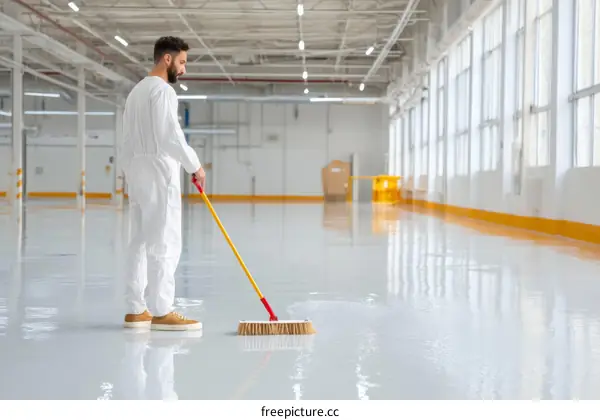 Industrial Cleaning Worker in Protective Suit