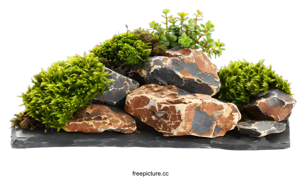 [Transparent Background PNG]Green Moss and Rocks on Slate Plate
