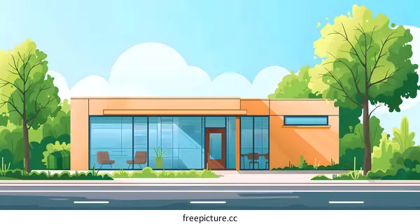 Modern Building with Large Windows and Green Trees