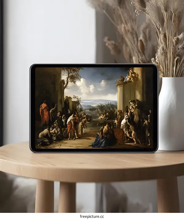 Tablet Displaying a Painting of People Gathering Around a Fountain