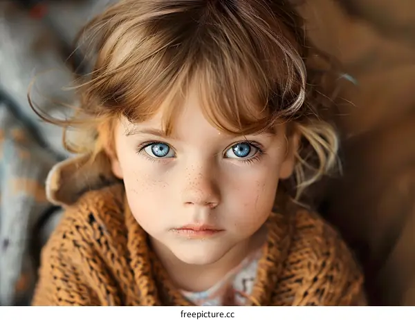 Portrait of a Little Girl with Blue Eyes and Brown Hair