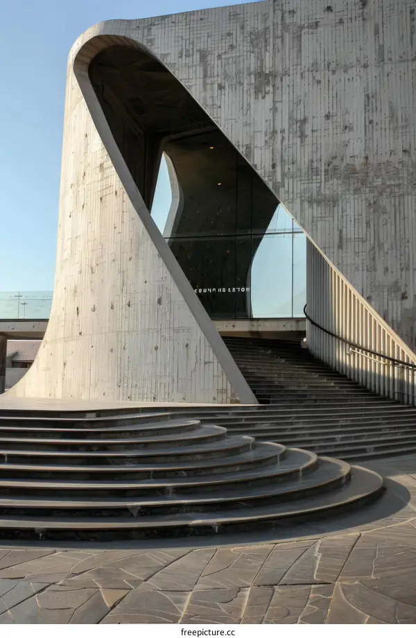 Curved concrete structure with stairs leading up to it