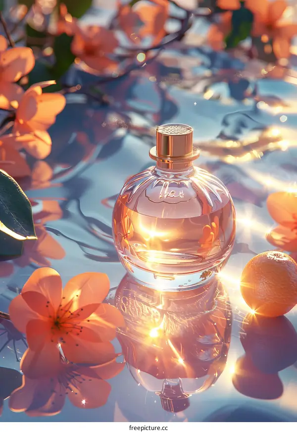 Beautiful Perfume Bottle with Flowers and Reflection