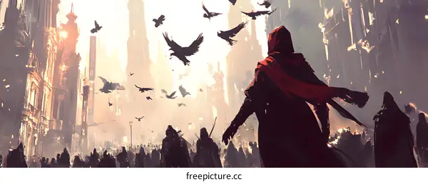 The Red Hooded Figure Leading People Through a City