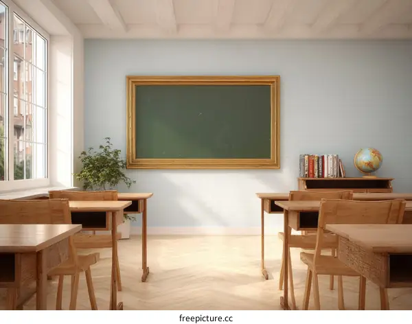 Empty Classroom with Wooden Desks and Chairs