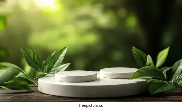 Natural Cosmetic Display Stand with Green Leaves