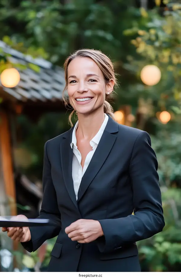 Portrait of a Smiling Businesswoman Holding a Tablet in a Garden