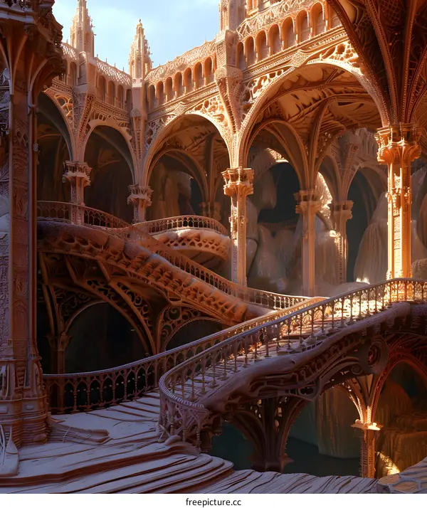 Intricate Stone Staircase Leading Upwards In A Fantasy Castle