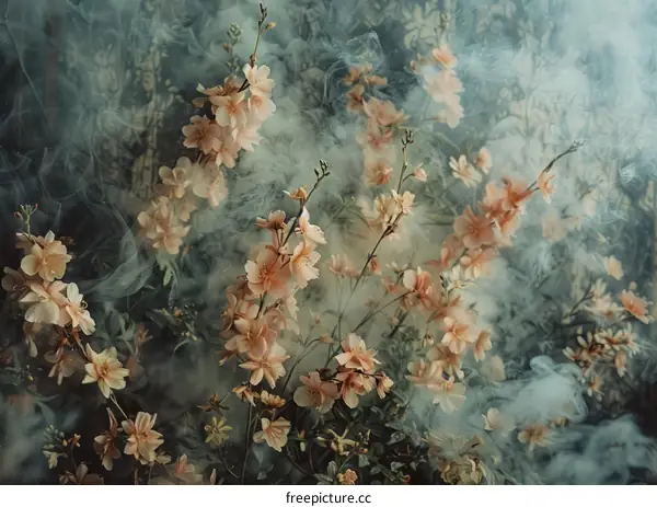 ethereal peach blossom in the mist