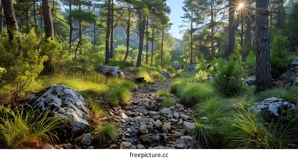 Sun Shining Through Trees in Forest