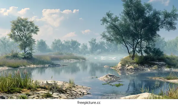 A misty lake by the mountain