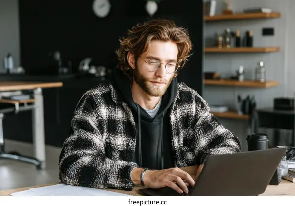 Young Man Working on Laptop in Modern Office