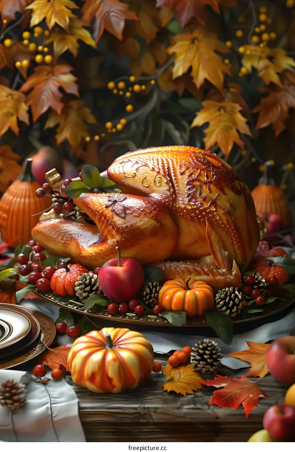 Thanksgiving dinner with roasted turkey, pumpkins, and fall leaves