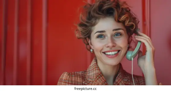 Curly Blonde Hair Woman Talking on a Green Telephone Receiver Against a Red Wall