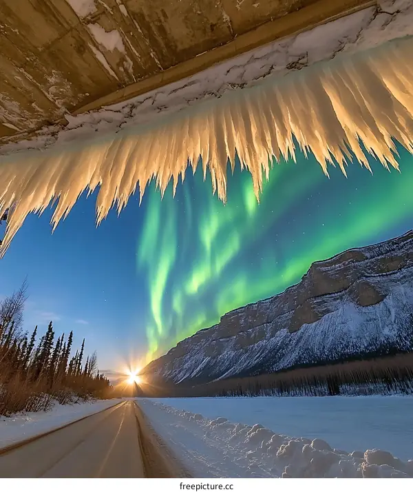 Northern Lights Aurora Borealis Under a Bridge With Icicles