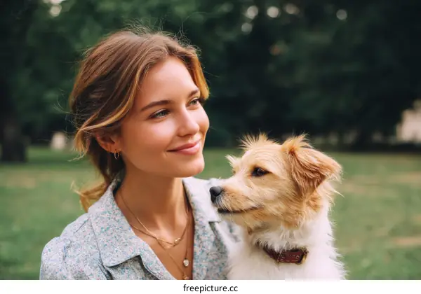 Young Woman and Dog Outdoors in a Park