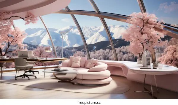 Pink Futuristic Living Room with Glass Windows and Pink Trees
