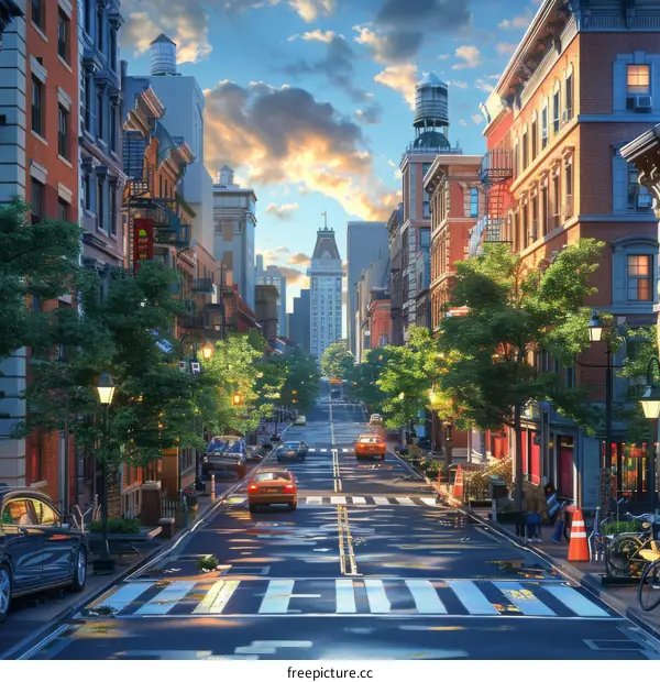 City Street Scene Illustration with Cars and People