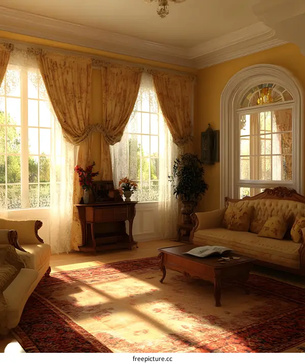 Living Room Interior Design with Large Windows and Sunbeams