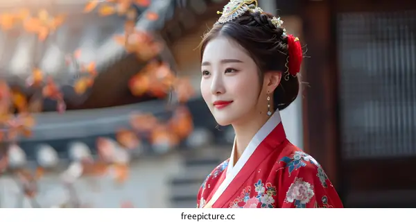Portrait of a young Korean woman in traditional dress, smiling
