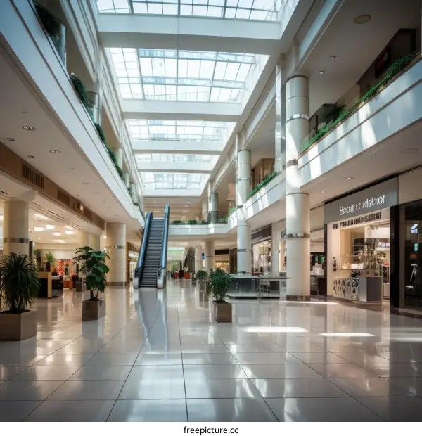 An empty shopping mall with a glass roof