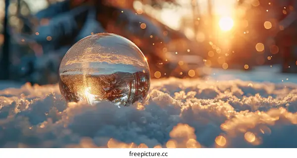 Crystal ball on snow in winter forest at sunset