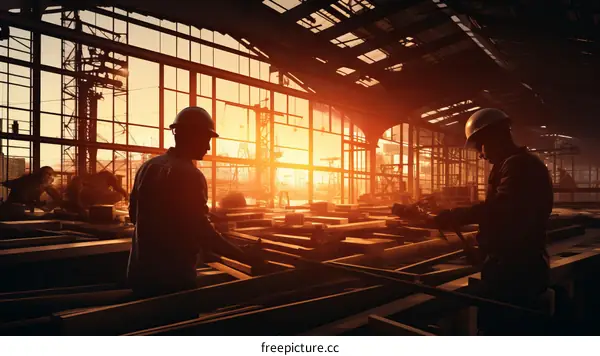 Two construction workers in hard hats at a construction site