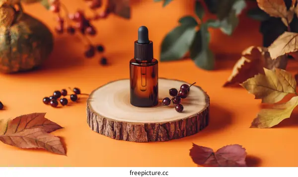 Autumn Essential Oil Dropper Bottle on Wooden Slice