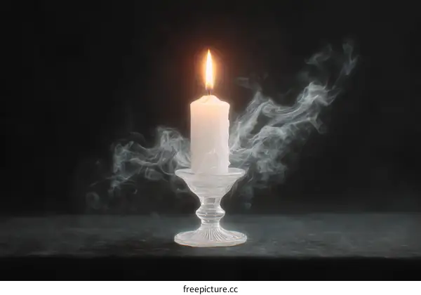 Burning candle with smoke on dark background