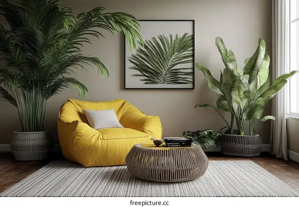 Stylish Modern Living Room with Yellow Sofa and Plants