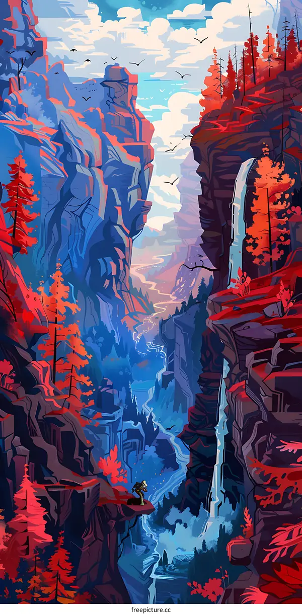 A Surreal Landscape with a Waterfall and a Person Standing on a Cliff