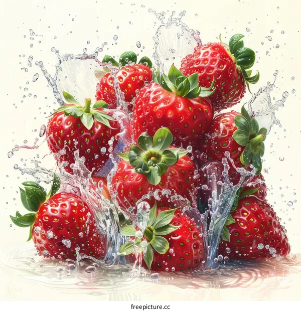 Ripe red strawberries with water splash