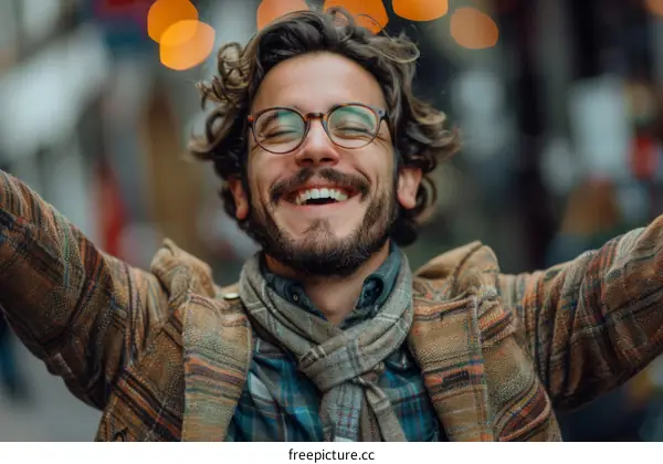 Happy Caucasian Man Outdoors with Open Arms