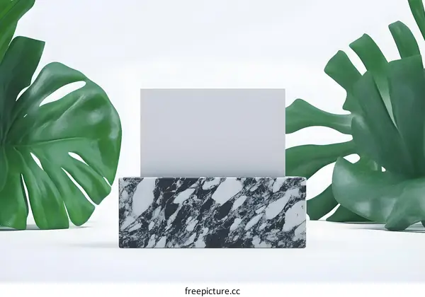 White Card Mockup On Marble Block With Monstera Leaves
