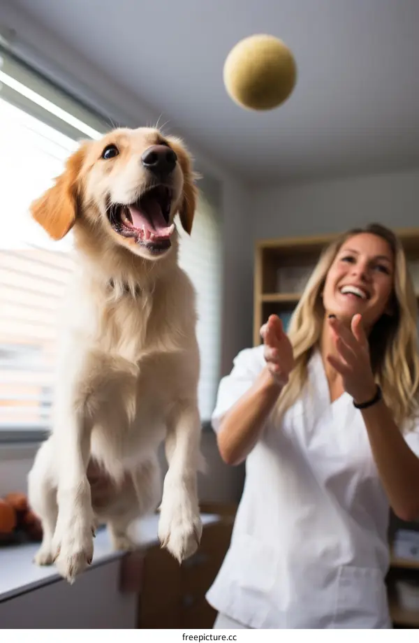 A blonde veterinarian is playing with a dog in a veterinary clinic