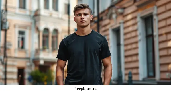 Handsome young man in black t-shirt posing on city street