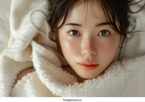 A close-up portrait of a young woman with wet hair and a towel around her shoulders