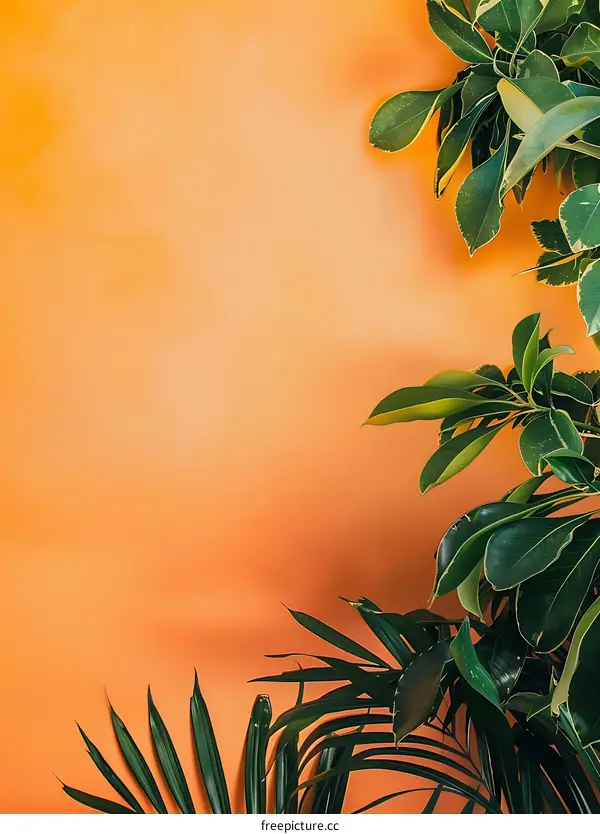 Green Leaves on Orange Background Minimalist Photography